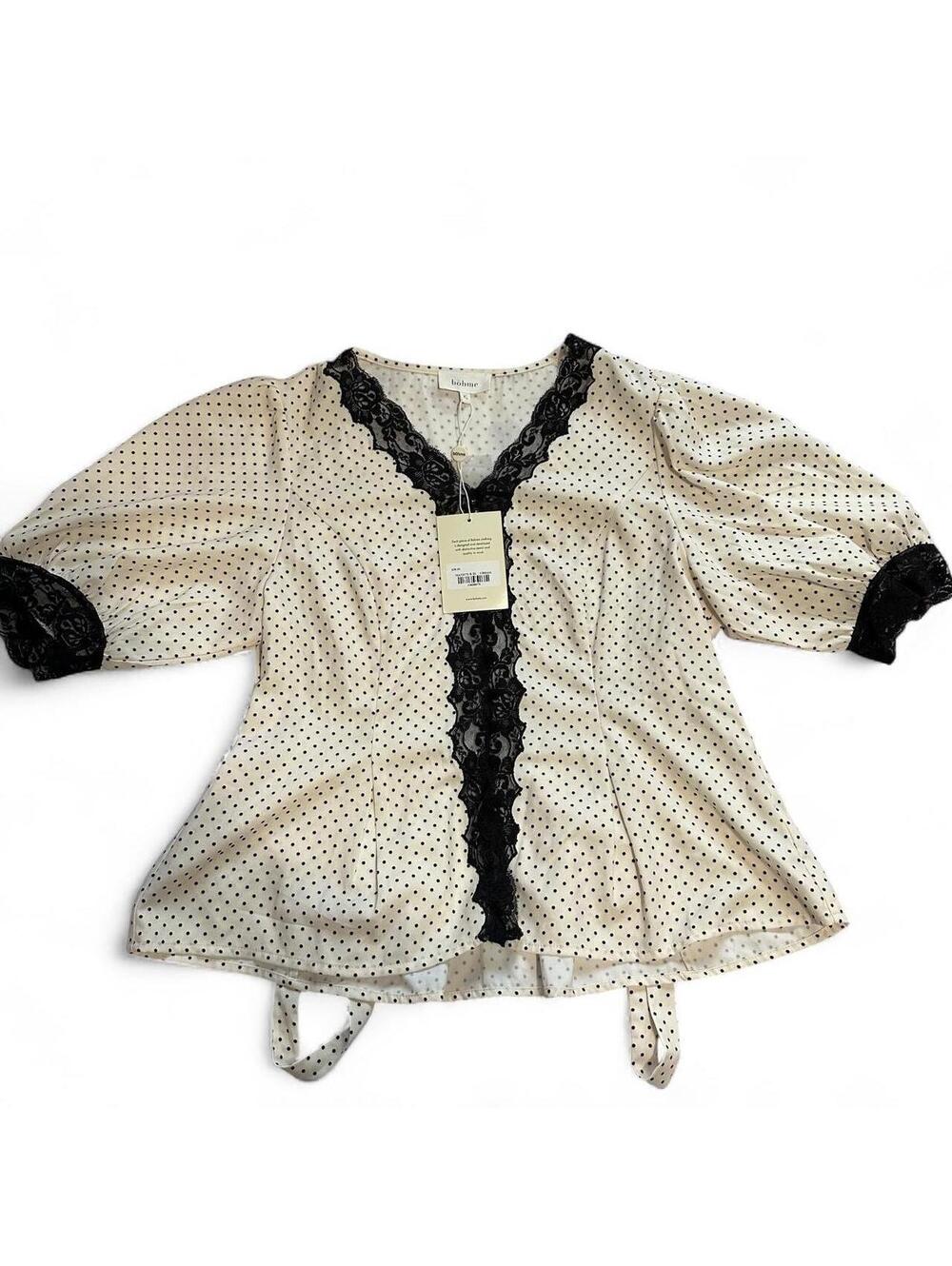 Bohme Women's Polka Dot Blouse with Black Lace Trim XL